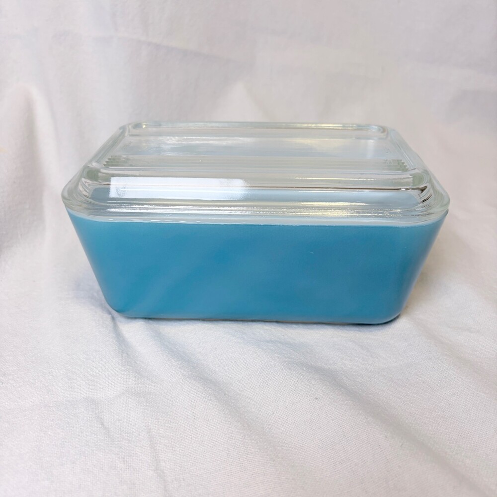 Pyrex Glass 502-B Refrigerator Dish Mini Loaf Turquoise Blue Glass Lid 502-C
